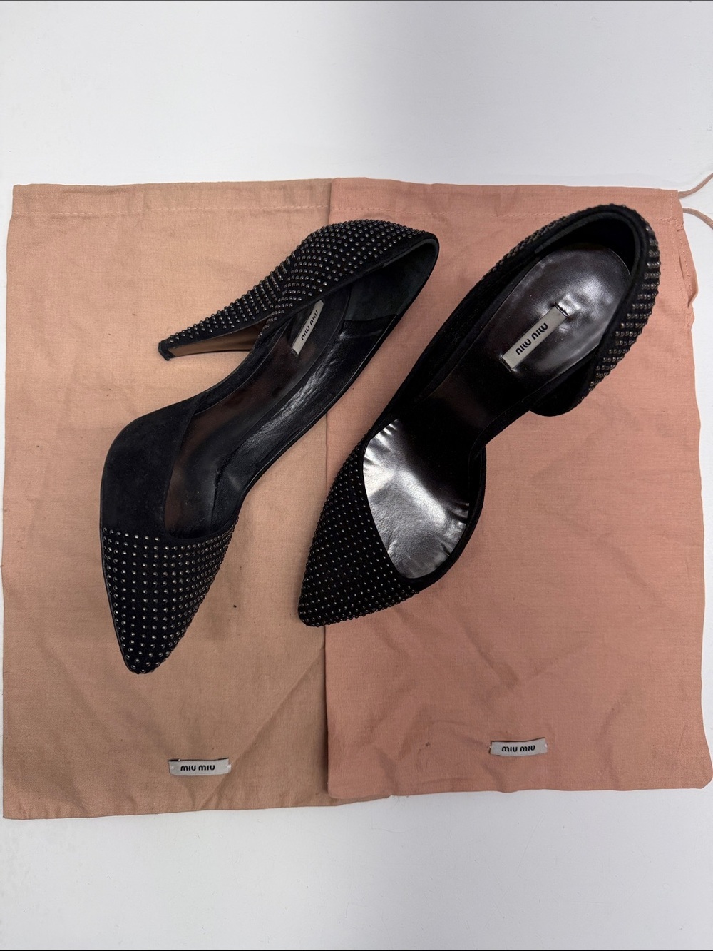 Miu Miu High Heels Shoes Black Suede Studded Accents D'Orsay Pumps Size 38 8